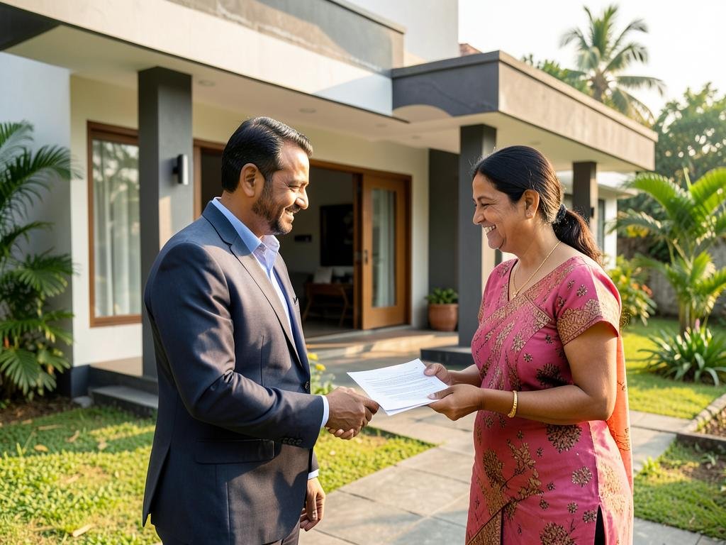 Property owner completing a home sale with a real estate professional